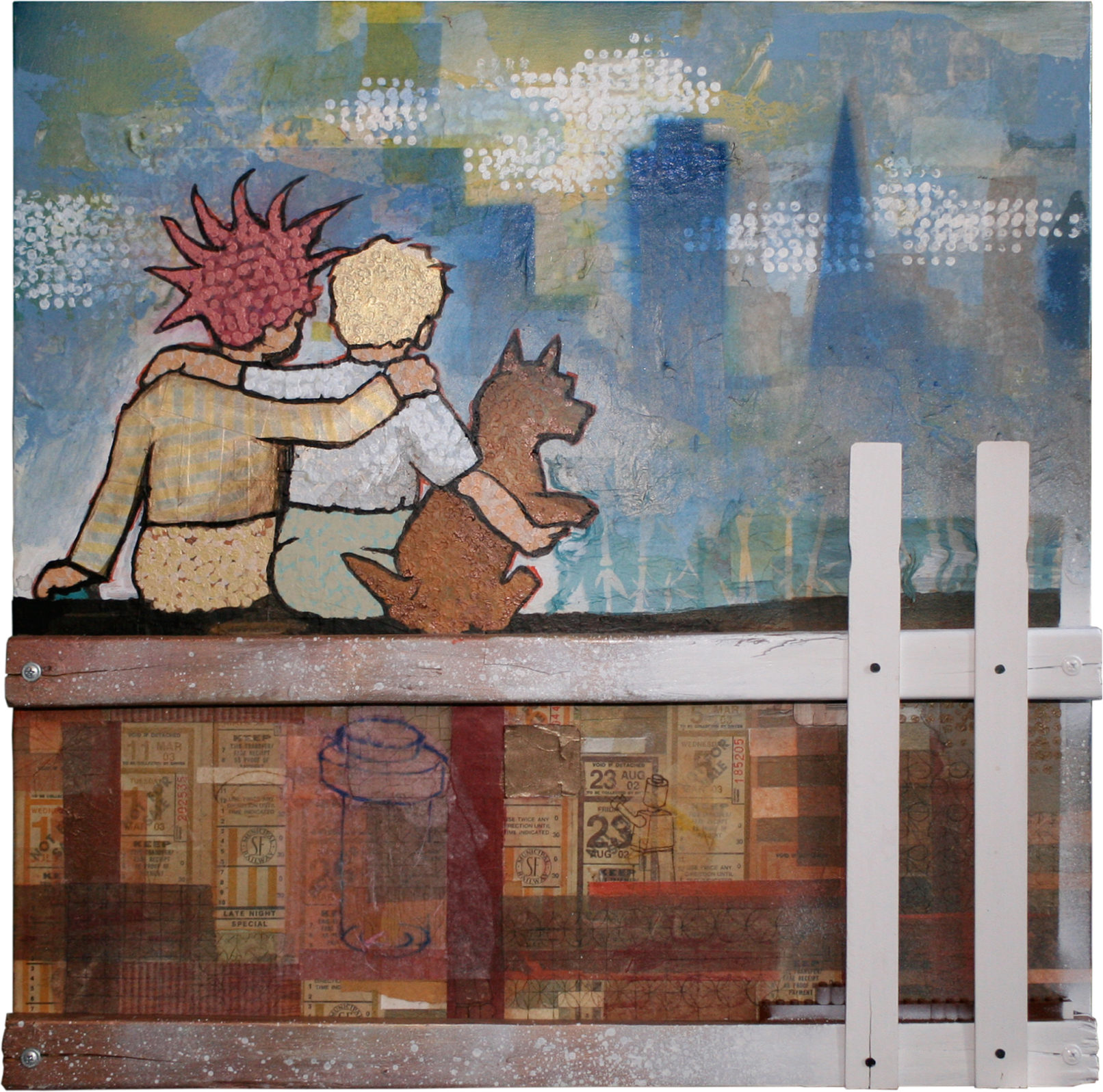 Off-The-Fence-boys-dog-SF-skyline-wood-napkins-art-painting-pixelstud