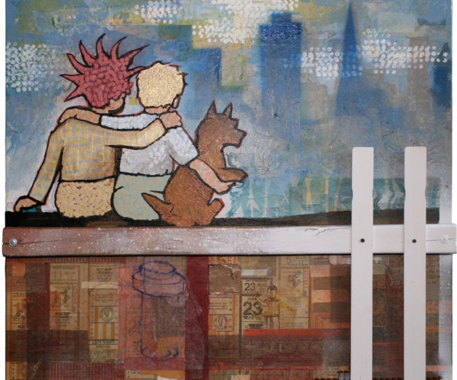 Off-The-Fence-boys-dog-SF-skyline-wood-napkins-art-painting-pixelstud