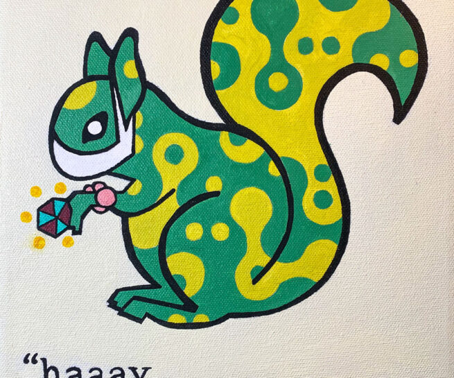 Squirrel in Lavalamp green and yellow painting