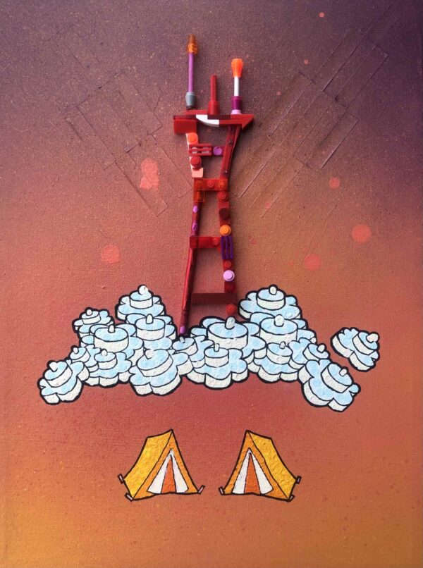 Sutro Tower atop LEGO flowers in the sky at sunset above to emoji tents.