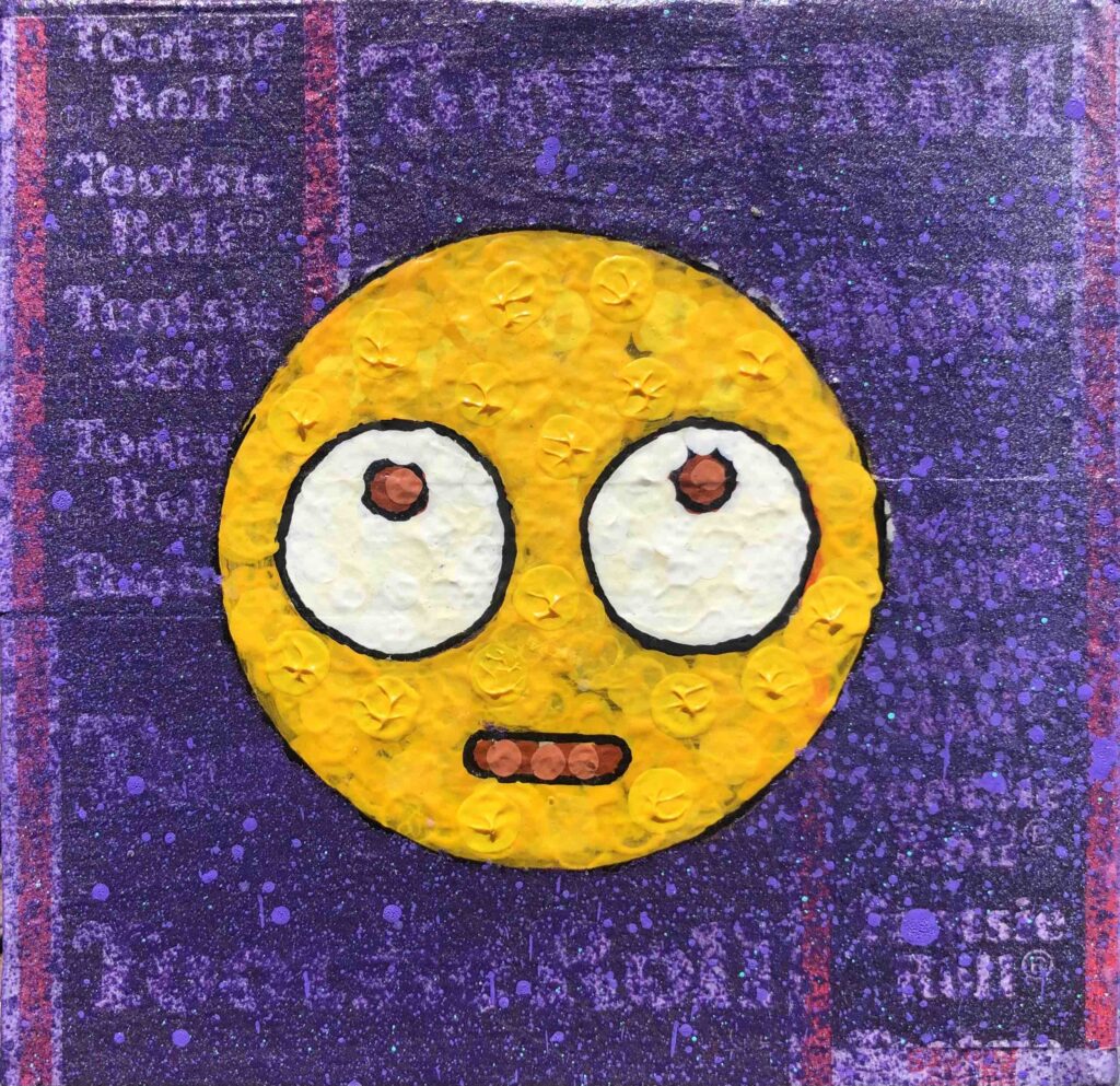 Rolling Eye emoji on purple Tootsie Roll wrappers.