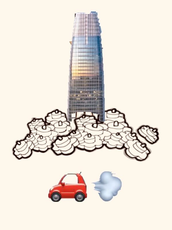 Transit Soars Sketch Sketch of Transbay Tower sitting atop a fog of LEGO flowers hovered above an autonomous car with smoke.