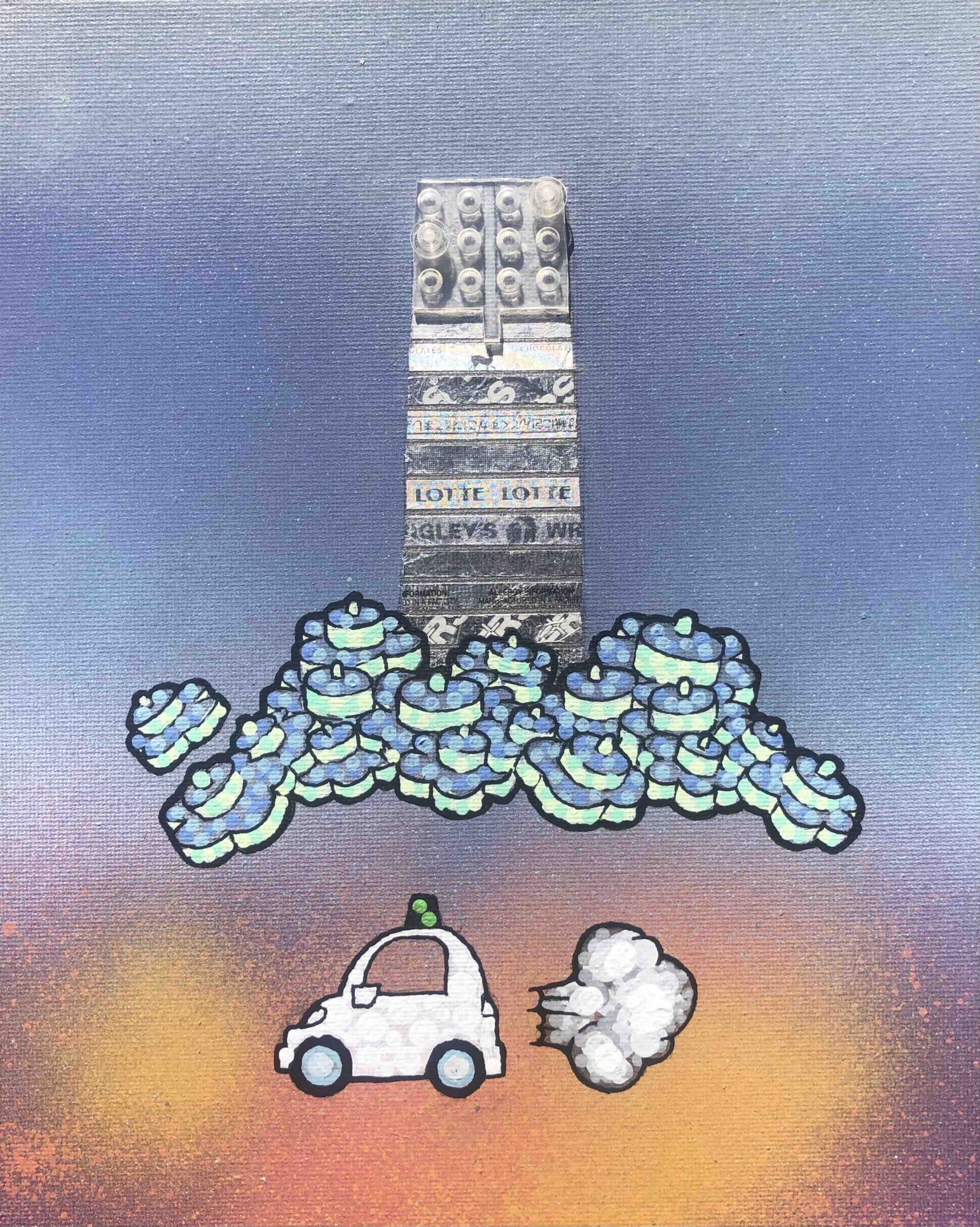 Transbay Tower sitting atop a fog of LEGO flowers hovered above an autonomous car with smoke.